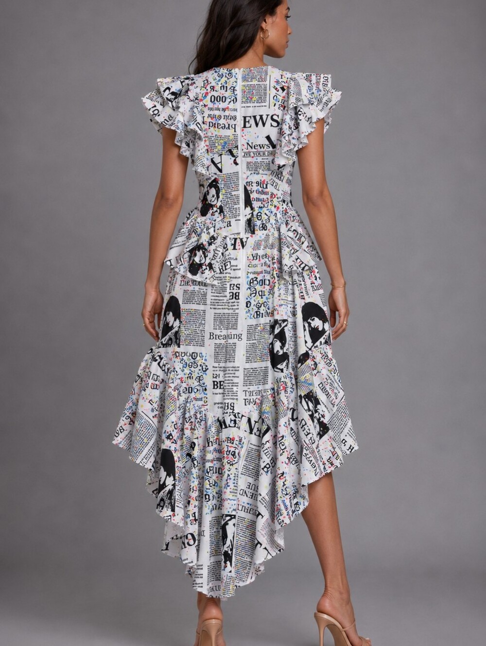 White Newspaper Print High-Low Ruffle Dress - Picture 3 of 3
